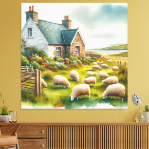 Farmhouse with Sheep Stretched Canvas Print