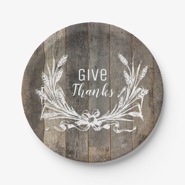 farmhouse wood give thanks thanksgiving party paper plate (Front)