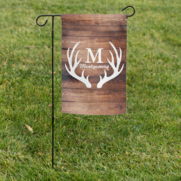 Farmhouse Wood Planks Deer Antlers & Family Name Garden Flag