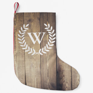 Farmhouse Wood Planks White Laurels Monogram Small Christmas Stocking