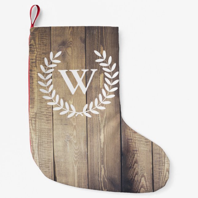 Farmhouse Wood Planks White Laurels Monogram Small Christmas Stocking (Front)