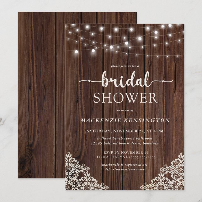 Farmhouse Wood String Lights Lace Bridal Shower Invitation (Front/Back)