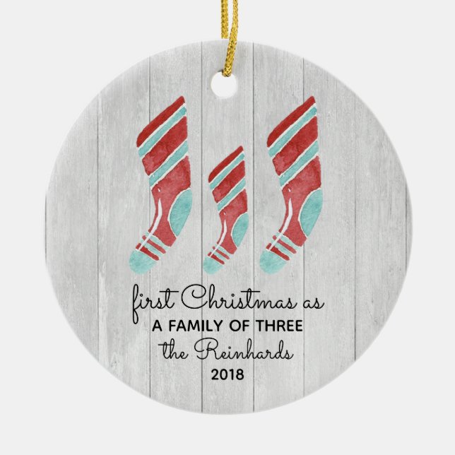 Farmhouse Woodsy Stocking New Baby Family of Three Ceramic Tree Decoration (Front)