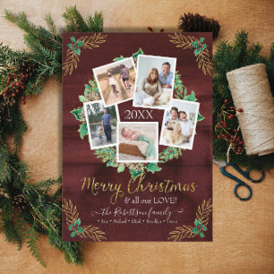 Farmhouse Wreath Christmas Photo Rustic Burgundy Holiday Card