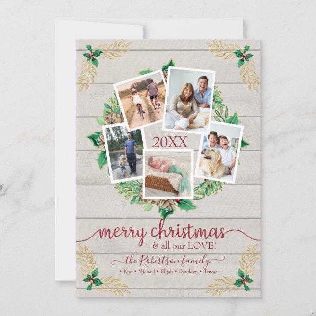 Farmhouse Wreath Christmas Rustic w Family Photos  Holiday Card (Front)