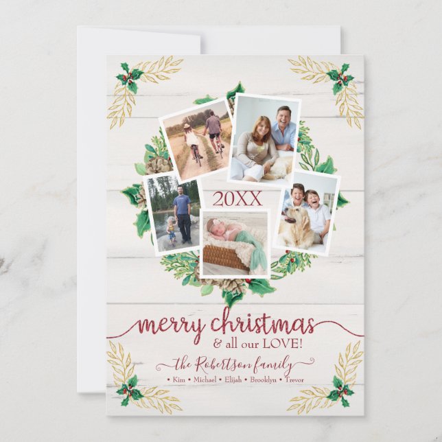Farmhouse Wreath Christmas Script w Family Photos  Holiday Card (Front)