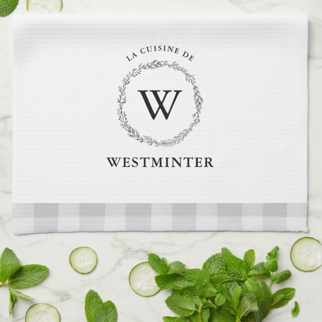 Farmhouse Wreath Grey Check Personalised Family Tea Towel (Folded)
