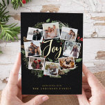 Farmhouse Wreath |  Photo Collage Foil Holiday Card<br><div class="desc">A festive holiday card design that features eight of your favourite photos arranged in a round wreath design accented by green watercolor foliage, pine cones and red holly berries on a dark background. "Joy" appears in the centre in festive gold foil hand lettered brush script typography. Personalise this unique holiday...</div>