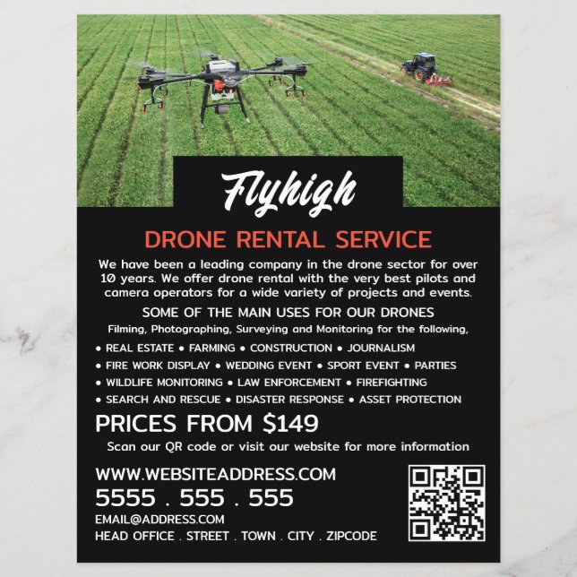 Farming Drone Portrait, Drone Rental Company Flyer (Front)