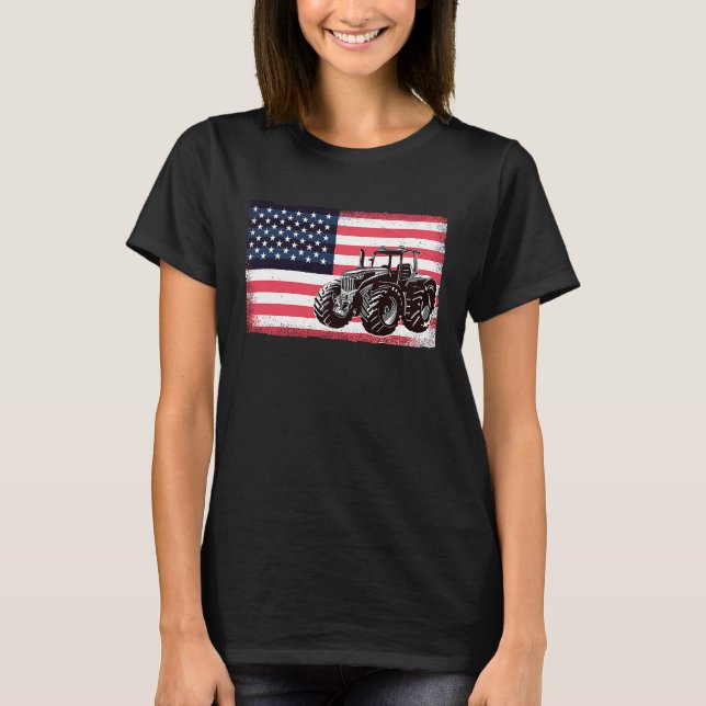 Farming Truck Driver Tractors USA American Flag Fa T-Shirt (Front)