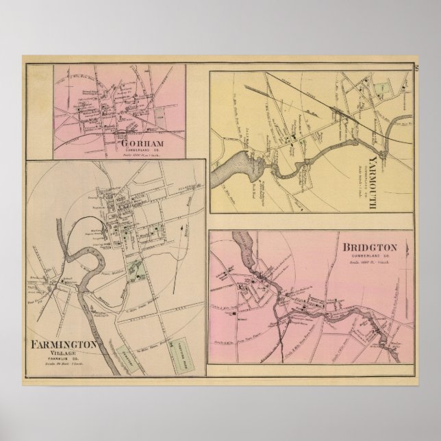 Farmington, Gorham, Yarmouth, Bridgton Map Poster (Front)