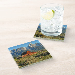 Farms Barn Shadowed by Snow Capped Mountains Glass Coaster