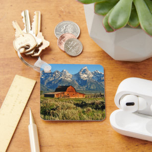 Farms Barn Shadowed by Snow Capped Mountains Key Ring