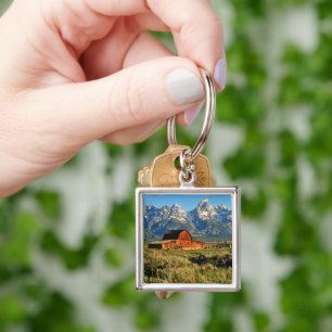 Farms Barn Shadowed by Snow Capped Mountains Key Ring