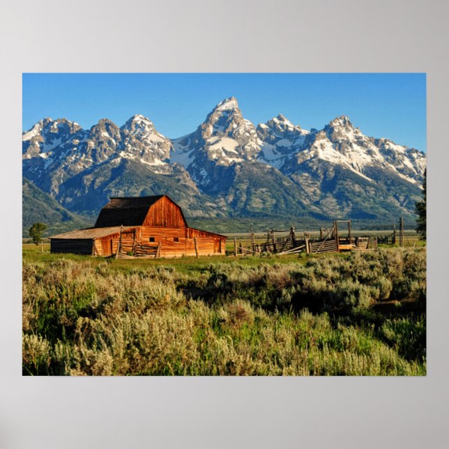 Farms | Barn Shadowed by Snow Capped Mountains Poster (Front)