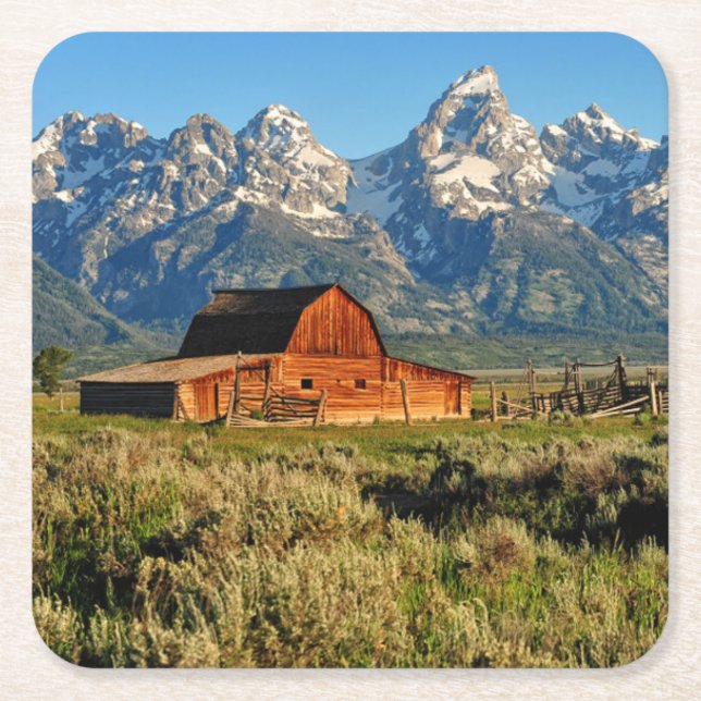 Farms | Barn Shadowed by Snow Capped Mountains Square Paper Coaster (Front)