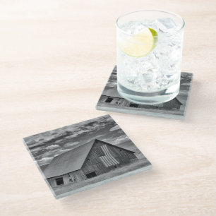 Farms BW American Flag Barn Scene Glass Coaster