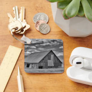 Farms BW American Flag Barn Scene Key Ring