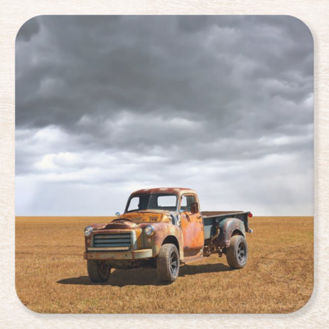 Farms | Old Truck in Field Square Paper Coaster (Front)