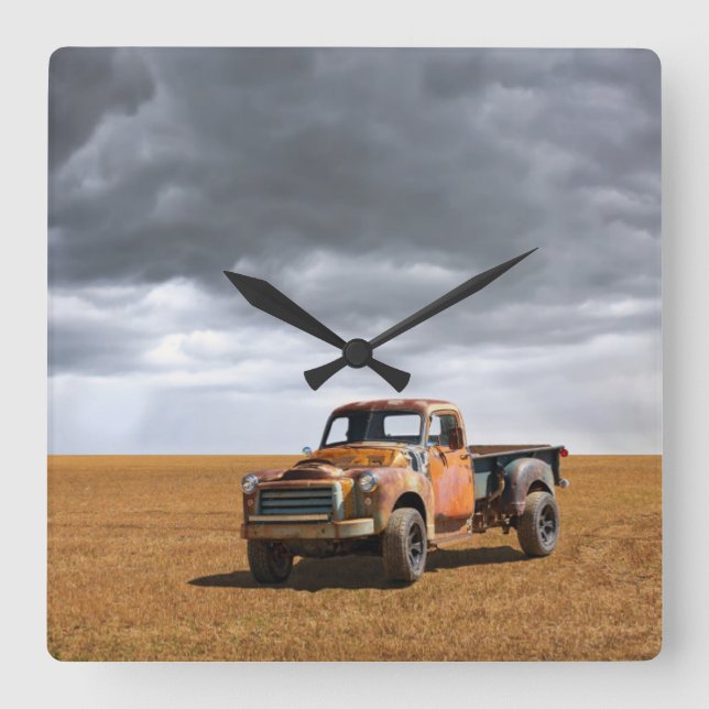 Farms | Old Truck in Field Square Wall Clock (Front)