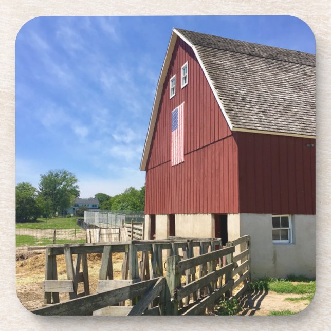 Farms | Red Barn With American Flag Coaster (Front)