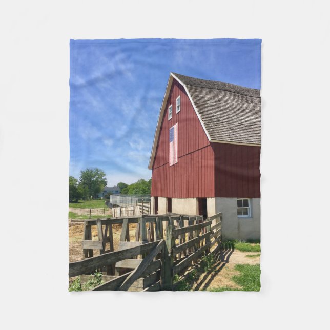 Farms | Red Barn With American Flag Fleece Blanket (Front)