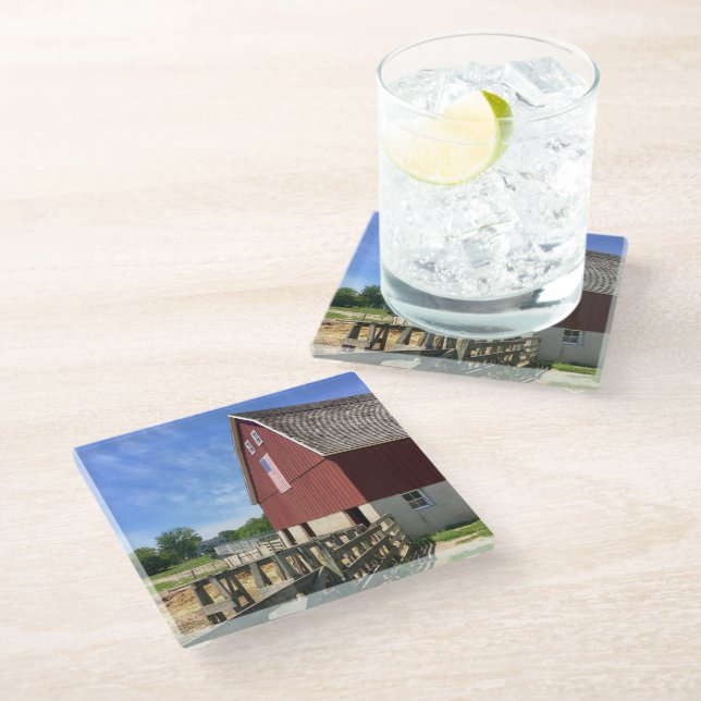 Farms | Red Barn With American Flag Glass Coaster (Angled)
