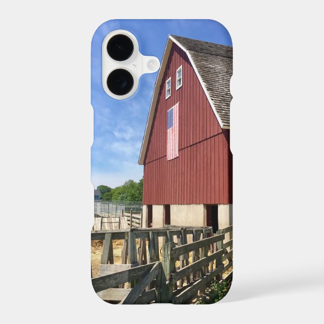 Farms | Red Barn With American Flag iPhone Case (Back)