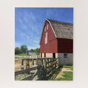 Farms   Red Barn With American Flag Jigsaw Puzzle