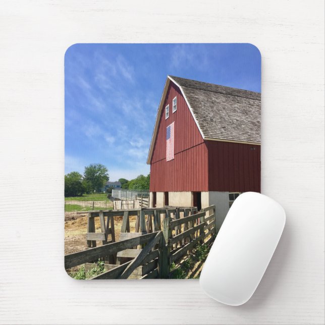 Farms | Red Barn With American Flag Mouse Mat (With Mouse)