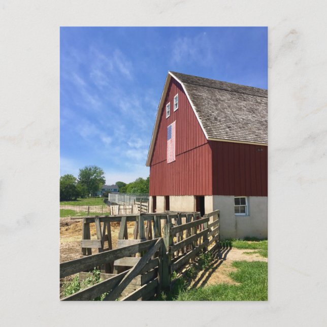 Farms | Red Barn With American Flag Postcard (Front)