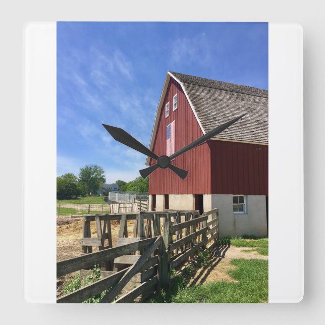 Farms | Red Barn With American Flag Square Wall Clock (Front)
