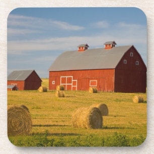 Farms Red Barns Near Hay Bales Coaster