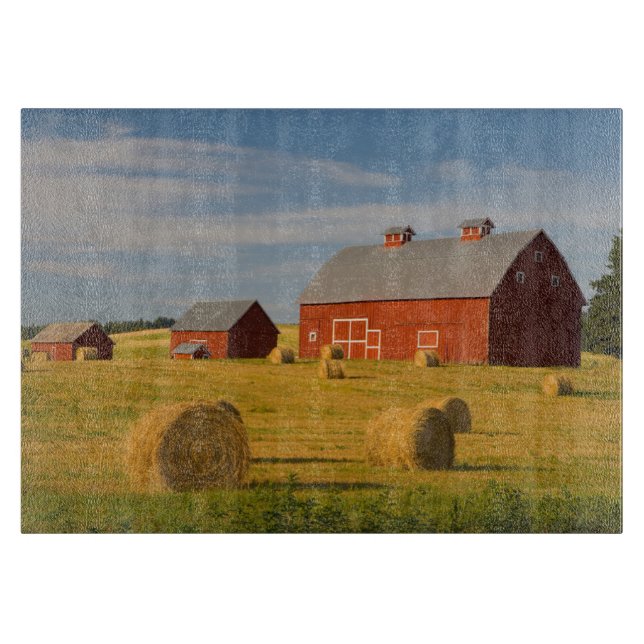 Farms | Red Barns Near Hay Bales Cutting Board (Front)
