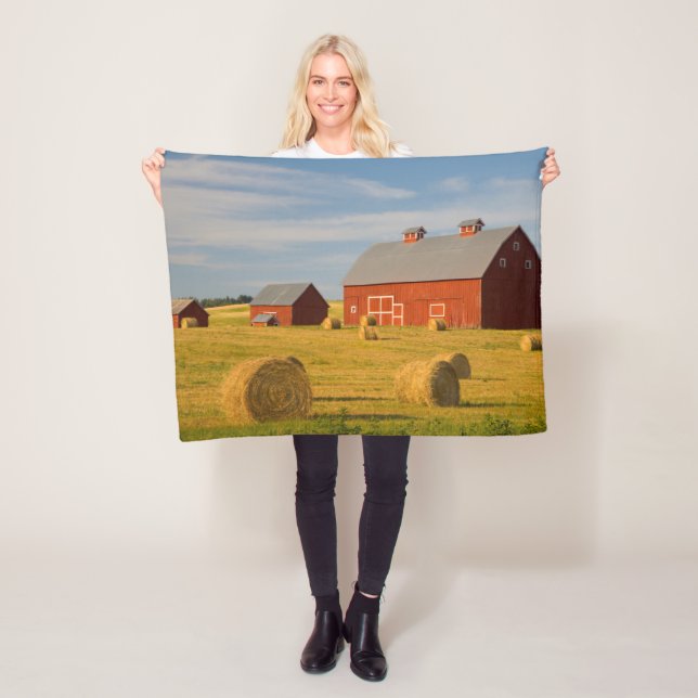 Farms | Red Barns Near Hay Bales Fleece Blanket (In Situ)