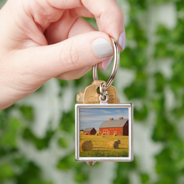 Farms | Red Barns Near Hay Bales Key Ring (Hand)