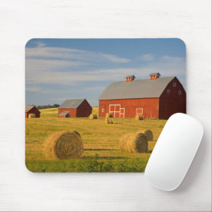 Farms   Red Barns Near Hay Bales Mouse Mat