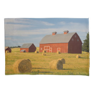 Farms Red Barns Near Hay Bales Pillowcase