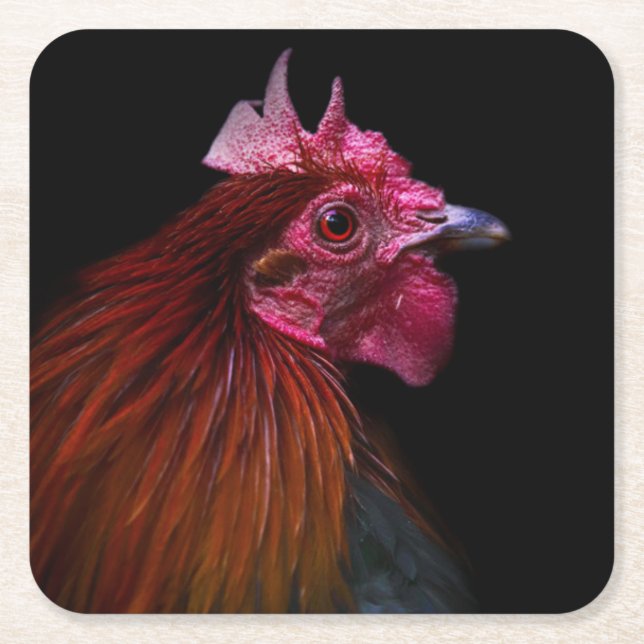 Farms | Rooster Head Shot Square Paper Coaster (Front)