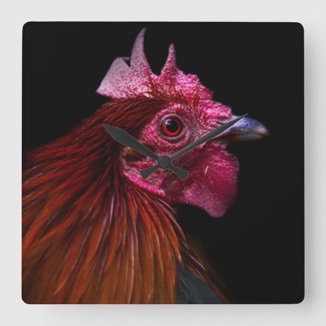 Farms | Rooster Head Shot Square Wall Clock (Front)