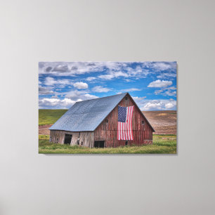 Farms   Rustic Red Barn With American Flag Canvas Print