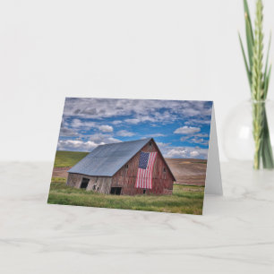 Farms Rustic Red Barn With American Flag Card