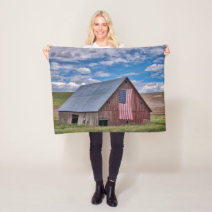 Farms   Rustic Red Barn With American Flag Fleece Blanket