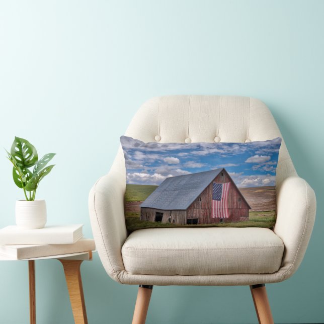 Farms | Rustic Red Barn With American Flag Lumbar Cushion (Chair)