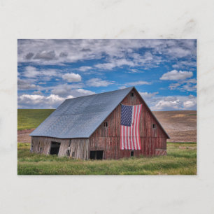 Farms   Rustic Red Barn With American Flag Postcard
