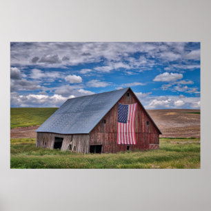 Farms   Rustic Red Barn With American Flag Poster