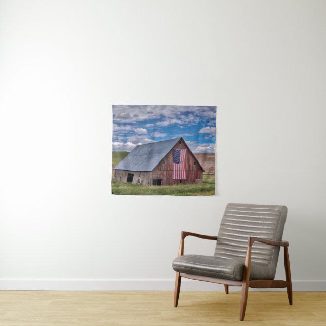 Farms | Rustic Red Barn With American Flag Tapestry (In Situ (Horizontal))