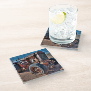 Farms Rusty Antique Tractor Glass Coaster