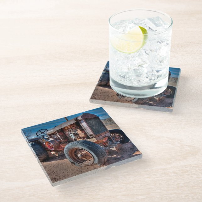 Farms | Rusty Antique Tractor Glass Coaster (Angled)