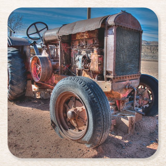 Farms | Rusty Antique Tractor Square Paper Coaster (Front)